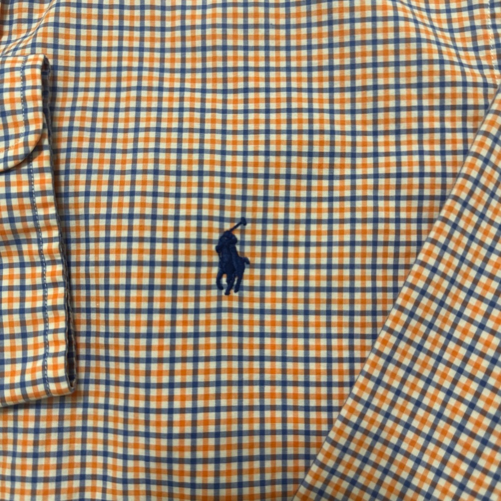 Ralph Lauren Button Down Shirt Mens L Orange Blue Gingham Check Excellent Pony - Picture 3 of 7